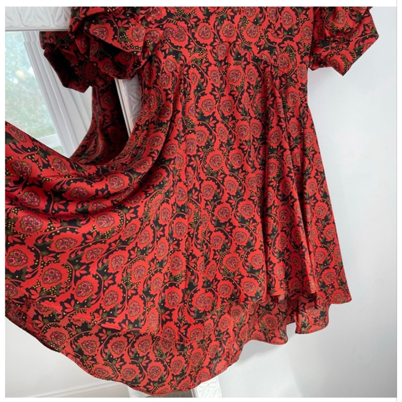 1 State Blooms Print Puff Sleeve V-Neck Fit & Flare Dress Wine Red L - Picture 10 of 13